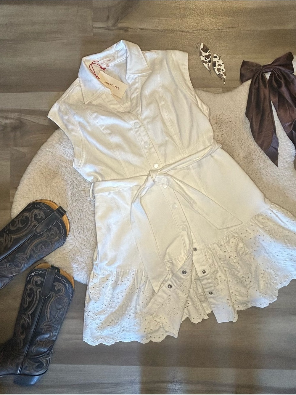 Sleeveless White Eyelet Jean Dress with Tie Belt